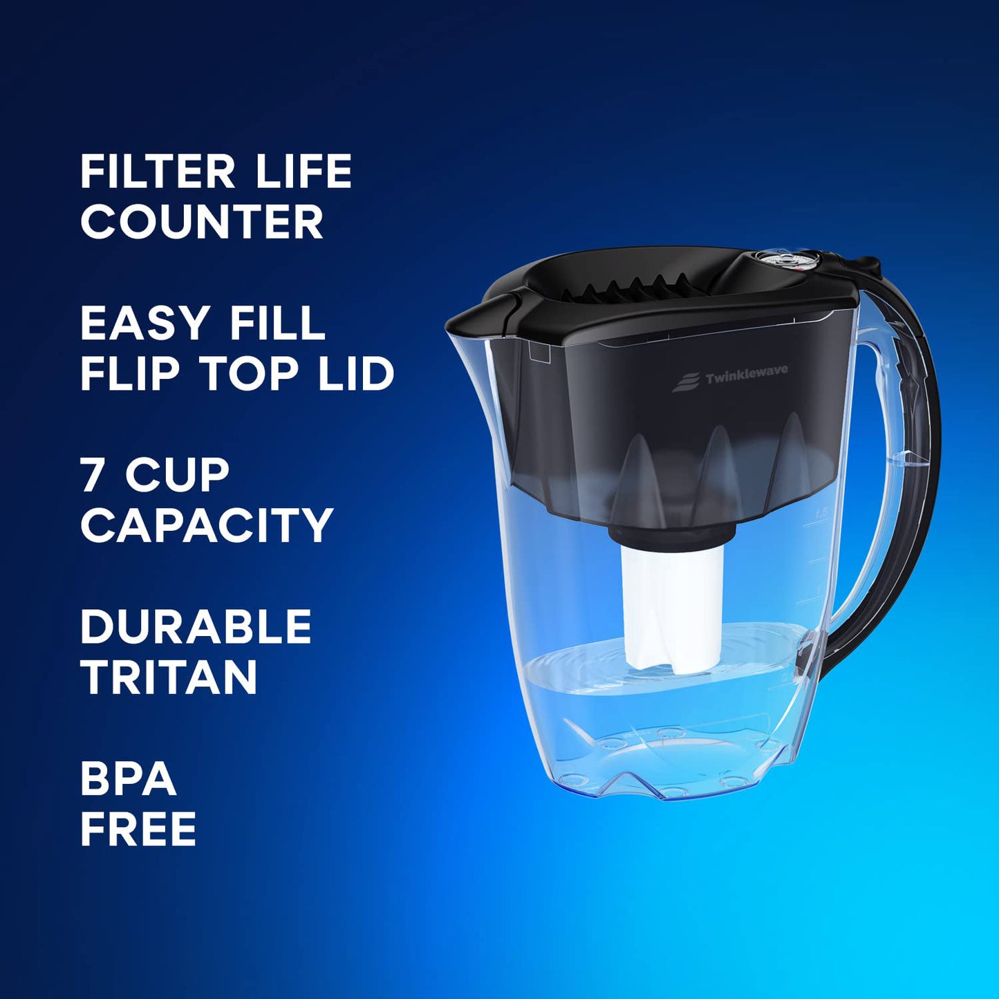 Twinklewave 7-Cup Water Filtration Pitcher - Black, Includes 1 x B15 Filter