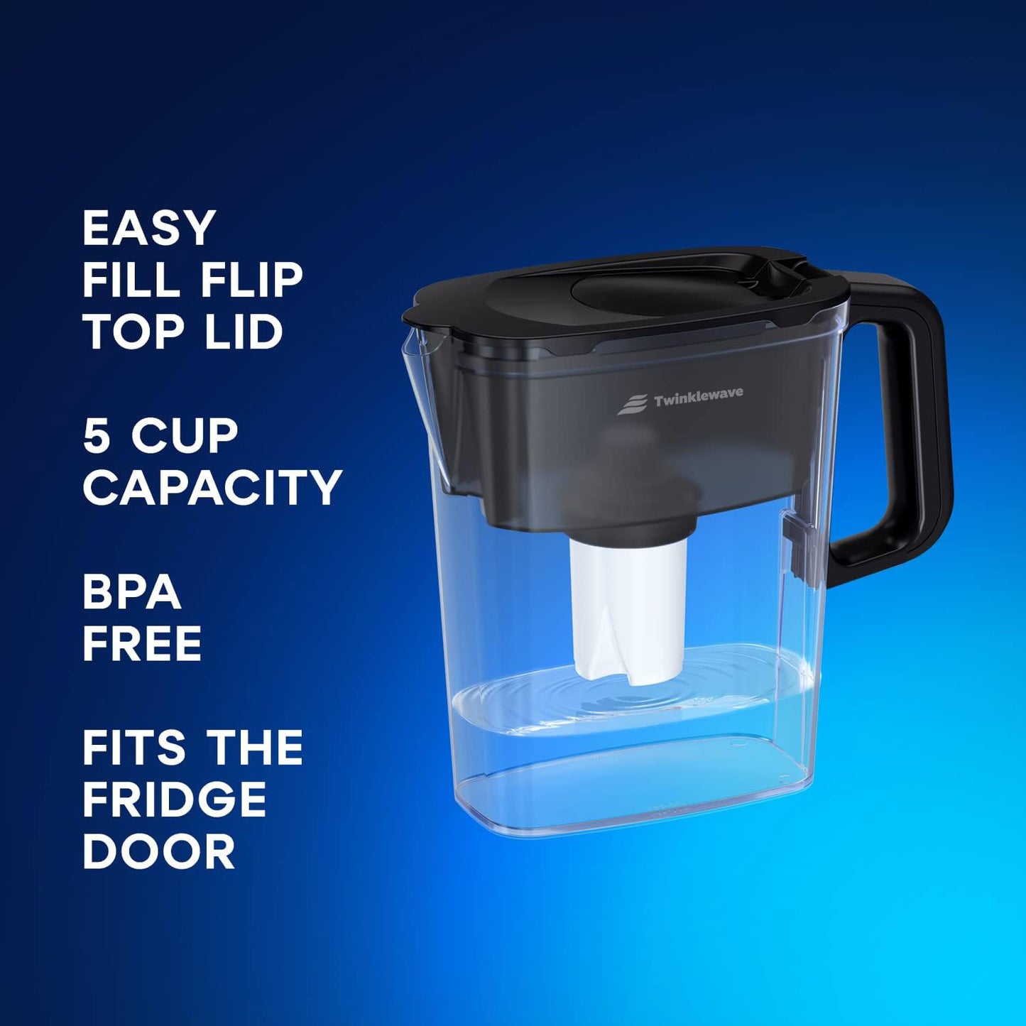 Twinklewave 5-Cup Water Filtration Pitcher - Black, Includes 1 x B15 Filter