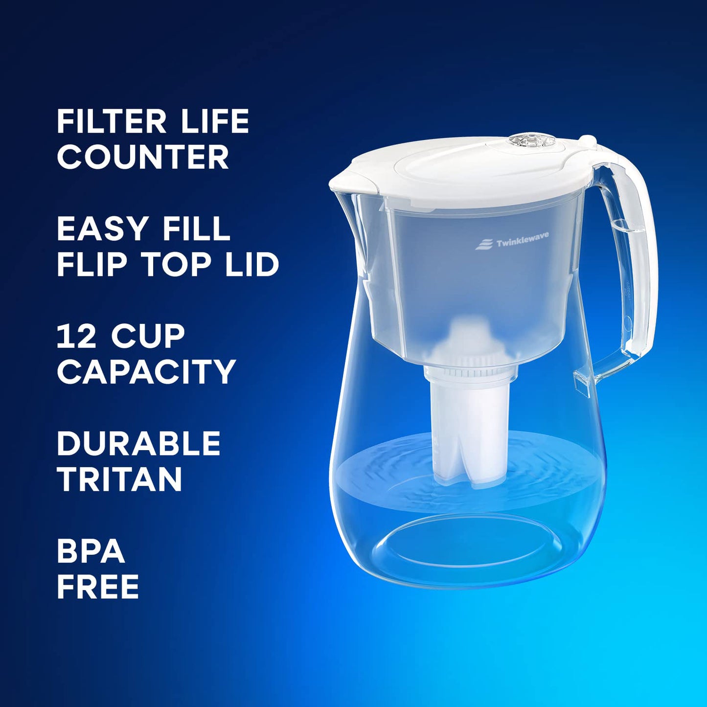 Twinklewave 12-Cup Water Filtration Jug - White, Includes 1 x B15 Filter